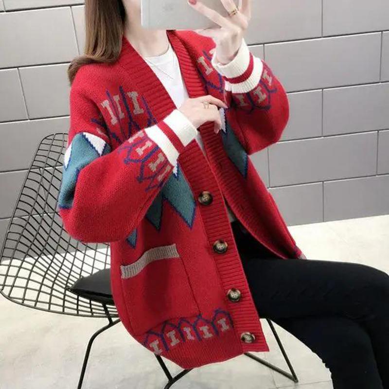 Lazy Jacquard V-neck Long Sleeve Warm Loose Sweater Cardigan Women's Knitted Loose Sweater Jacket Wild Knit Cardigan