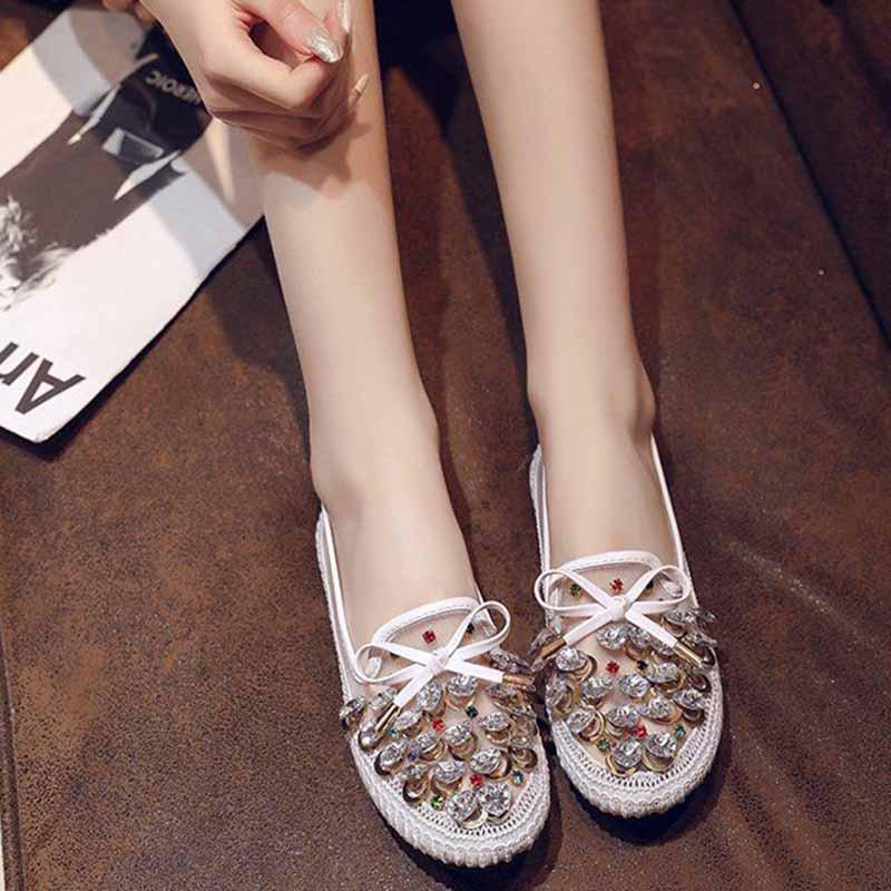 Plus Size 36-40 Summer Women Outdoor Letter Flat Bohemian Beach Wear-resistant Non-slip Office Lady Beaded Shoes