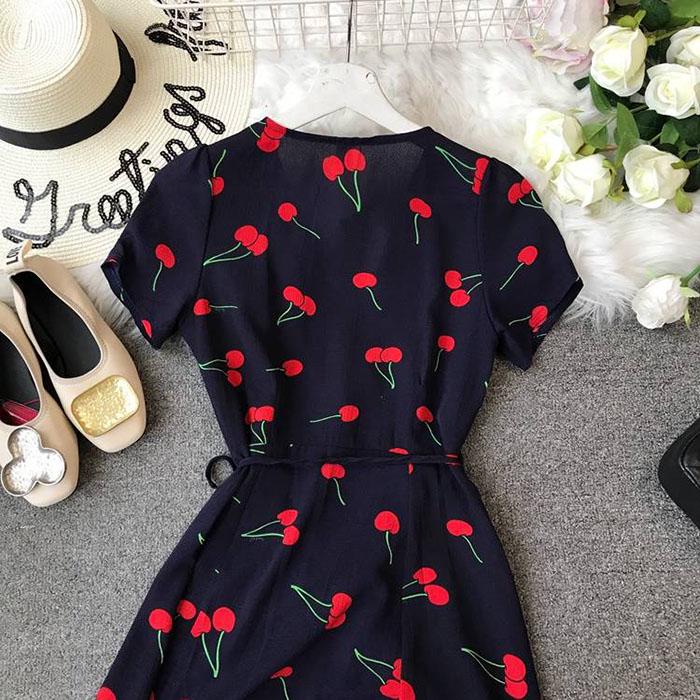 Pofulove Women Chiffon Floral Short-sleeved Dress Slim Retro Long Sun-dresses Vacation Beach Skirt