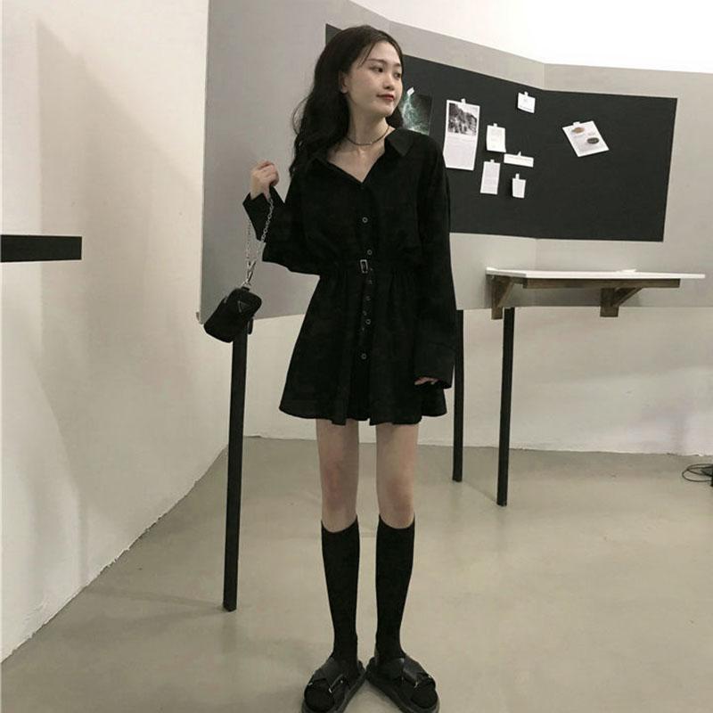 Spring and Autumn Clothing Lightly Cooked Hepburn Style Design Sense Small Black Skirt Waist Slimming Long-sleeved Dress Women