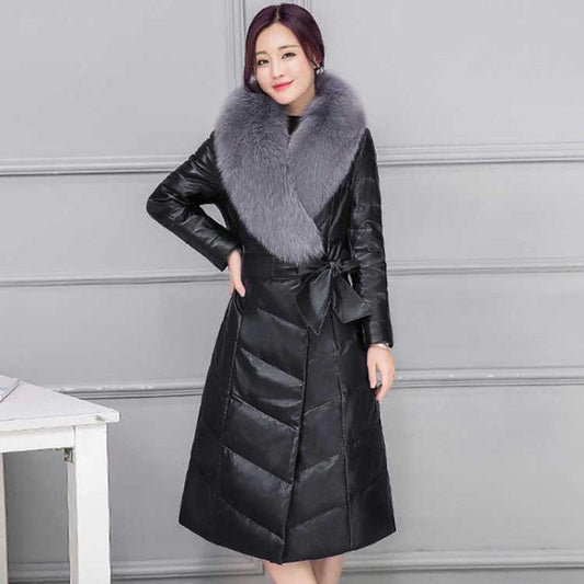 Winter PU Leather Female Imitation Fox Fur Collar Cotton Jacket In The Long Section Slim Padded Jacket Fashion Casual Women Leather Jacket