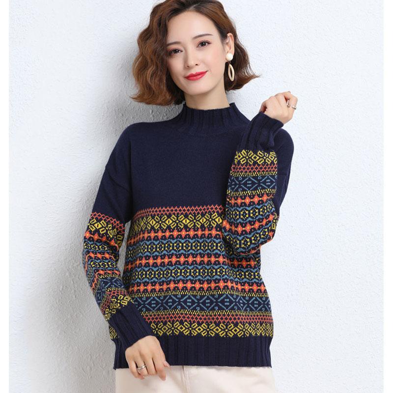 Bohemian Ladies Pullover Sweater Loose Thick Warm High Neck Sweater Vintage Printed Knitted Sweater Outer Wear Autumn Winter