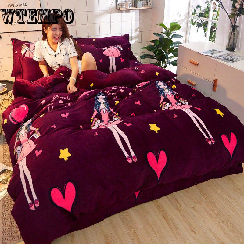 New 4pcs Crystal Flannel Bedding Set Winter Warm Fleece Duvet Cover Set Bed Sheet Bed Linen