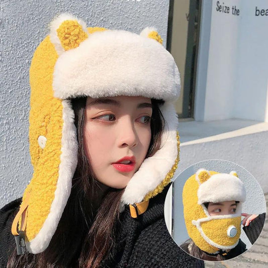 Women's Autumn and Winter Hats Detachable Warm Cold Proof Cycling Hats Ear Protection Thickened Windproof Cute Bear Ears Cap Warm Mask with Air Valve