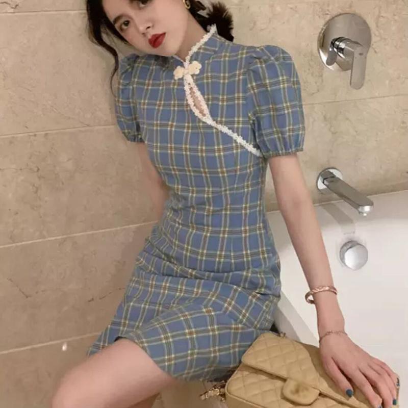 Improved Version of Cheongsam Female Summer Puff Sleeve Retro Plaid Dress with Waist and Thin Temperament Chinese Style