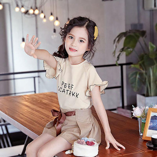 2PCS Children Clothing Set Spring Summer Solid Color Girls Suits Printing Short Sleeve Tops + Short Clothing Set