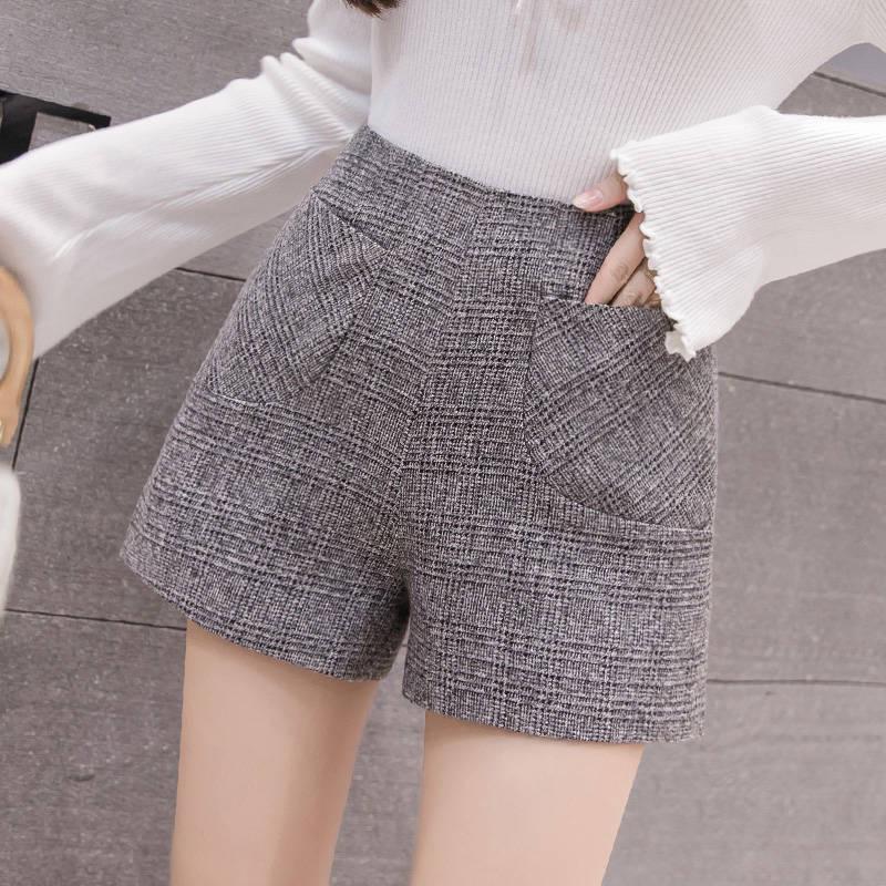 Shorts Women Classic Plaid High Waist Wide Leg Shorts with Belt Wool Boots Shorts