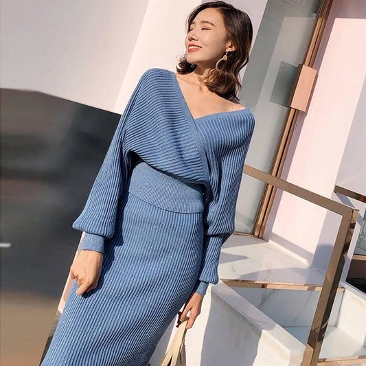 V-neck Women Knitted Skirt Suits Batwing Sleeve 2 Pieces Elegant Party Female Sweater Elegant Dress