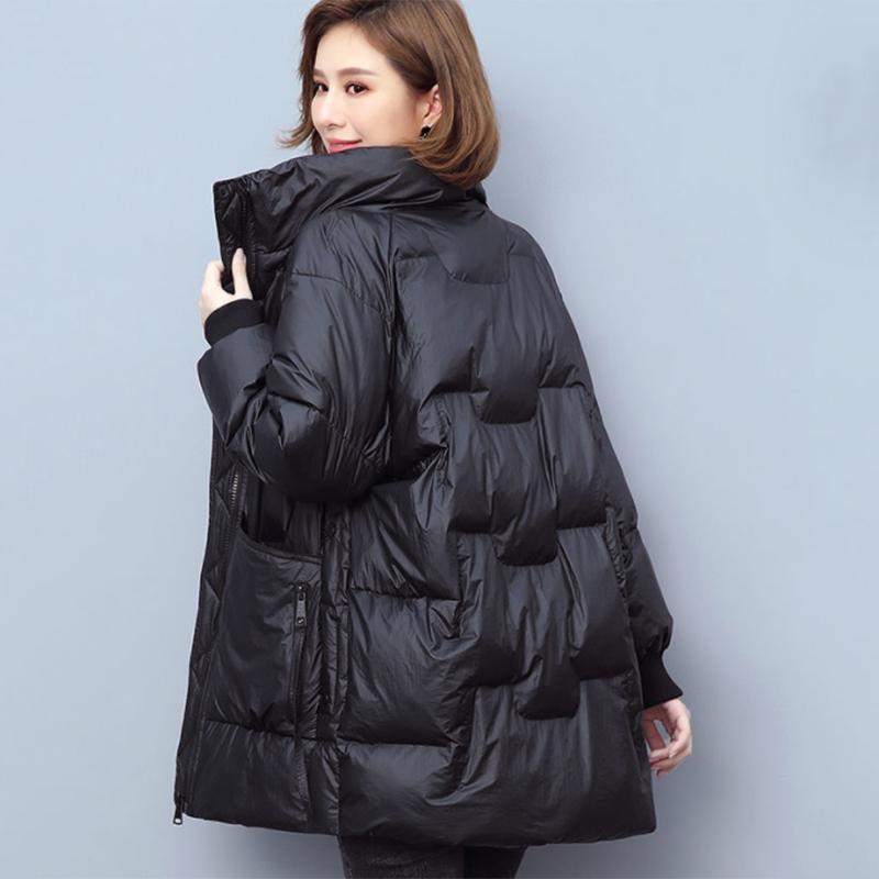 Women's Shiny Mid-length Down Jacket Winter Korean Style Loose Coat Warm Stand-collar Down Jacket