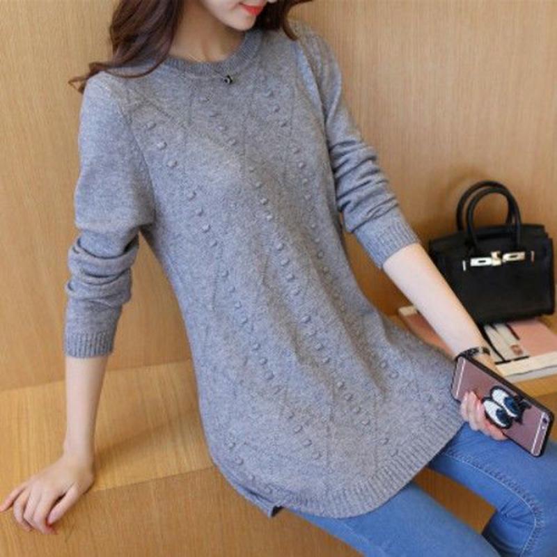 Autumn and Winter Knit Sweater Close-fitting Slim-fit Sweater Women Mid-length Loose Long-sleeved Bottoming Shirt Pullover Round Neck Thin Style