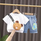 Children's Summer Boys Girls Short Sleeve Suit Casual Printed Bear Three-dimensional Pocket T-shirt Denim Shorts Two Piece Set