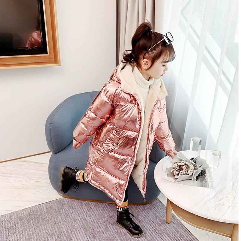 Girls' Cotton-padded Coat Winter Long Children Parka Jacket Kids Plus Velvet Warm Shiny Hooded Parka Coat