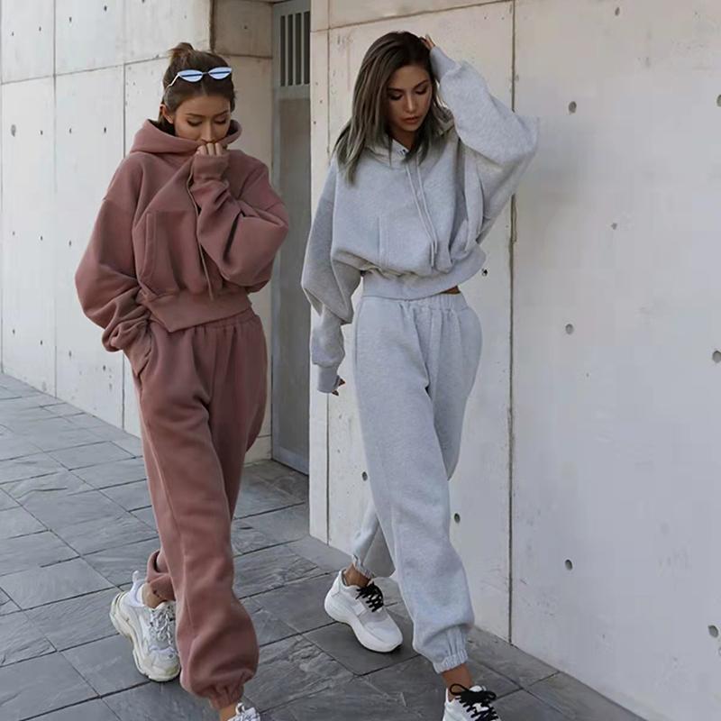 2PCS Autumn Winter Women's Casual Sweater Jacket Sports Suit Solid Color Hooded Sweater Casual Two Piece Set Tracksuits Athletic Clothing