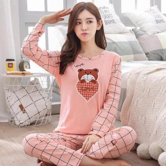 Pajamas for Women Cute Sleepwear Set Long Sleeve Pyjamas Suit Cartoon Autumn Winter Clothes Tops and Pants Sets Pullover Round Neck Casual Home Wear