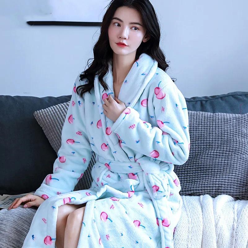 Female Coral Fleece Nightgown Robe Flower Flannel Pajama Autumn Winter Warm Thickening Bathrobe Long Japanese Kimono Bathrobe Sleeping Suit