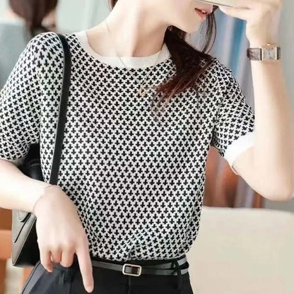 Silk Ice Silk Short-sleeved Women's Top High-end Western-style Printed Shirt Summer Ribbed Temperament All-match Trend