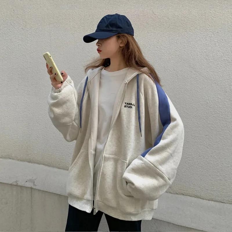 Women's Loose Sweater Korean Style Fleece Jacket Versatile Long Sleeve Lazy Top Zipper Cardigan Hooded Sweater Striped Cardigan Sweatershirts