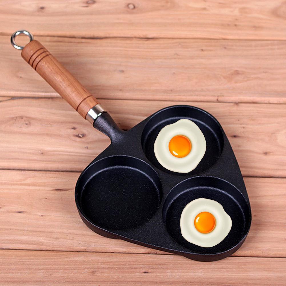 3-hole Fried Egg Pot with Wooden Handle Thickened Nonstick Cast Iron Frying Flat Pan 14.96x7.87 Inches