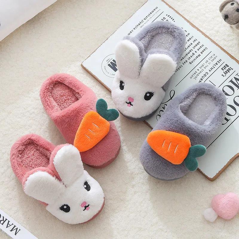 Autumn and Winter Children's Cotton Slippers Indoor Warmth Flat-bottomed Cotton Shoes Rabbit and Radish Design