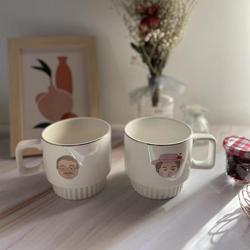 Teacup Mug with Lid Spoon Ins Men and Women Ceramic Cup Household Korean Version of Student Couple Coffee Cup Large Capacity