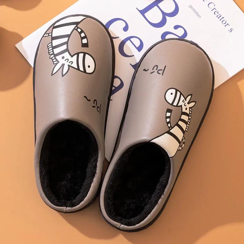 Waterproof Cotton Slippers Women PU Leather Non-slip Couples Home Slippers House Sliders Men Winter Thick Warm Cartoon Cute Indoor Shoes Bedroom