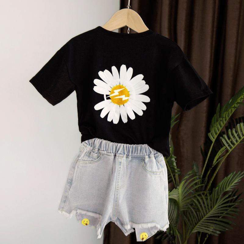 2PCS Children Clothing Set Spring Summer Girls Suits Printing Chrysanthemum Short Sleeve Tops + Pants Clothing Set