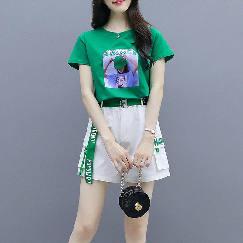 Pofulove Shorts Set Women Summer Printed Short Sleeve T-shirt High Waist Denim Shorts Two-piece Set Outfits for Girls