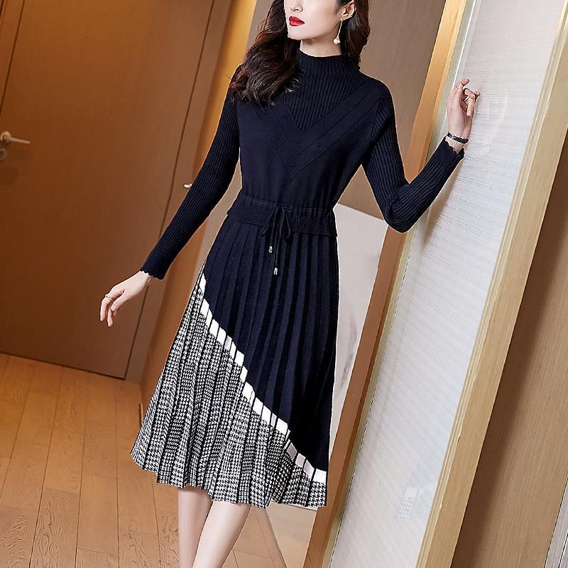 Sweater Dress Women Mid-length Winter Slim A-line Skirt with Coat Over The Knee Half High Collar Dress