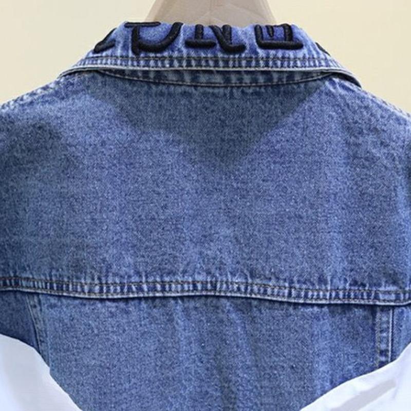 Spring and Autumn Waist Thin Embroidery Stitching Contrast Color Hole Washed Denim Short Jacket Top Ladies Casual Long Sleeve Jacket