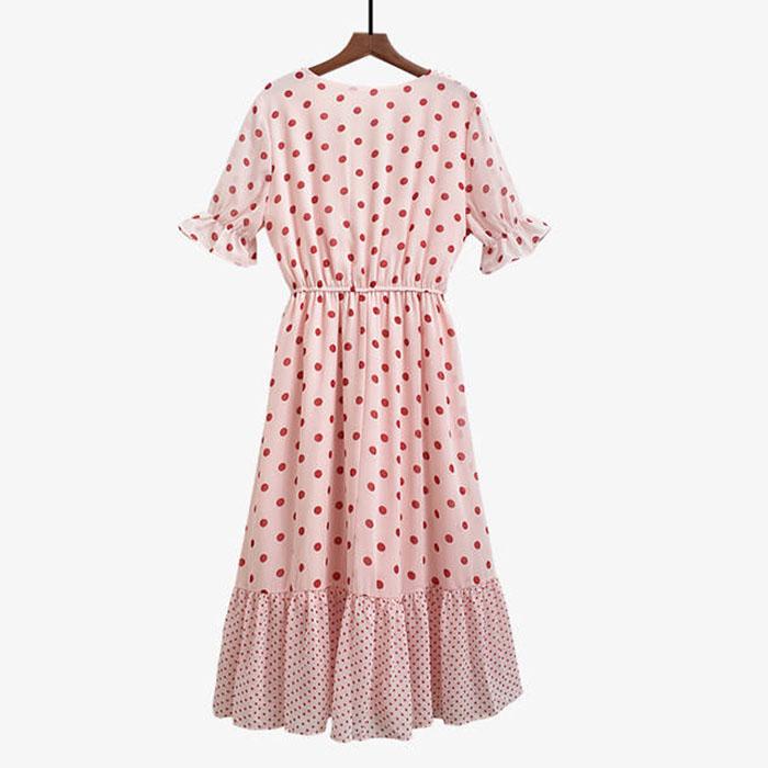 Women Chiffon Polka Dot Dress Slim Short Sleeve V-Neck A-line Vacation Beach Sun-dresses