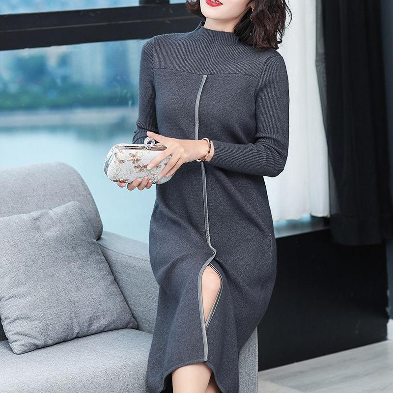 Autumn and Winter Knitted Long Dress Over The Knee Loose Clothes Large Size Base Skirt Pure Color Simple Female Sweater Dress