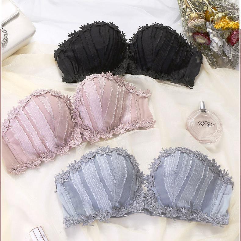 Two Ways To Wear Small Chest Thickened No Steel Ring Women's Underwear Front Buckle Strapless Tube Top Off-shoulder Bra Lace Edge