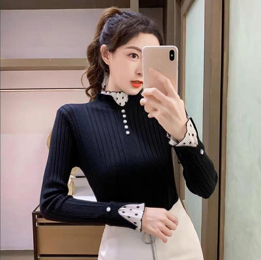 Half-high Collar Padded Bottoming Shirt Autumn and Winter All-match Lace Stitching Top Long-sleeved Knitted Sweater for Ladies