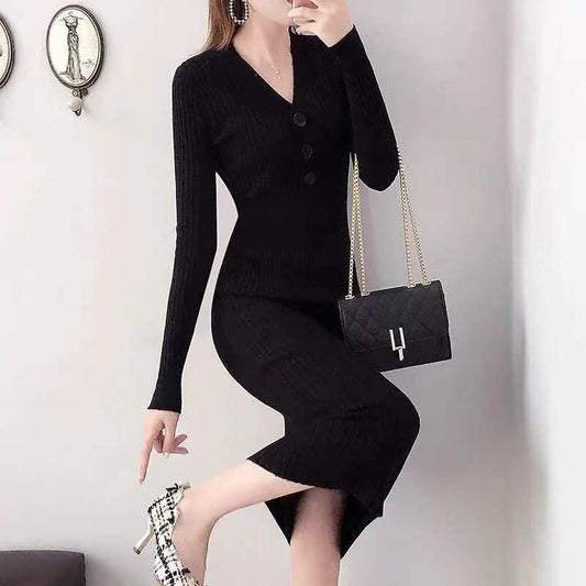 Autumn and Winter Fashion Padded Sweater Skirt Mid-length Over The Knee V-neck Knitted Dress Slim Inner Base Bag Hip Skirt