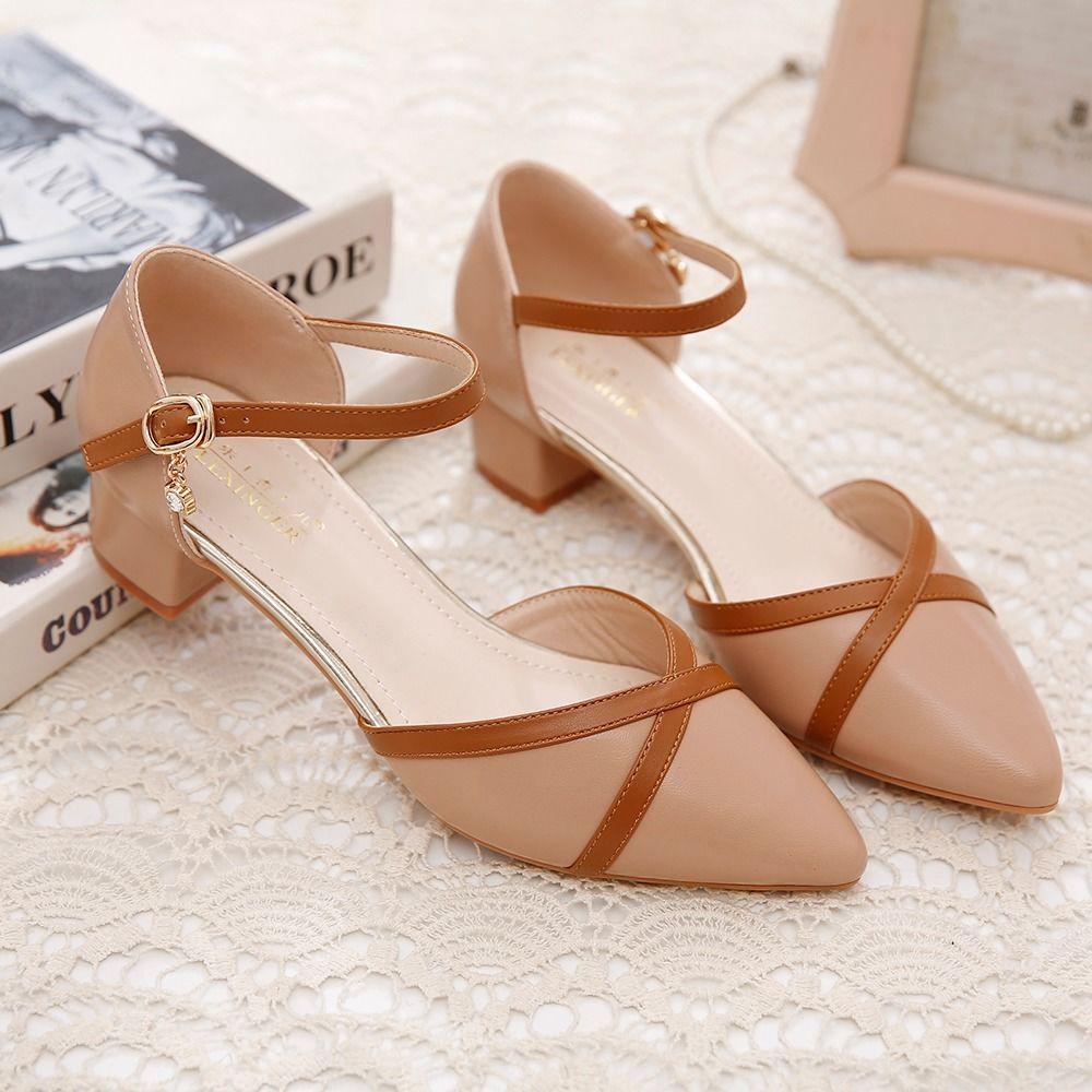 Baotou Sandals Female 2020 Spring and Summer Word Buckle Thick Heel with Wild Matching Color Matching Korean Pointed Single Shoes Women