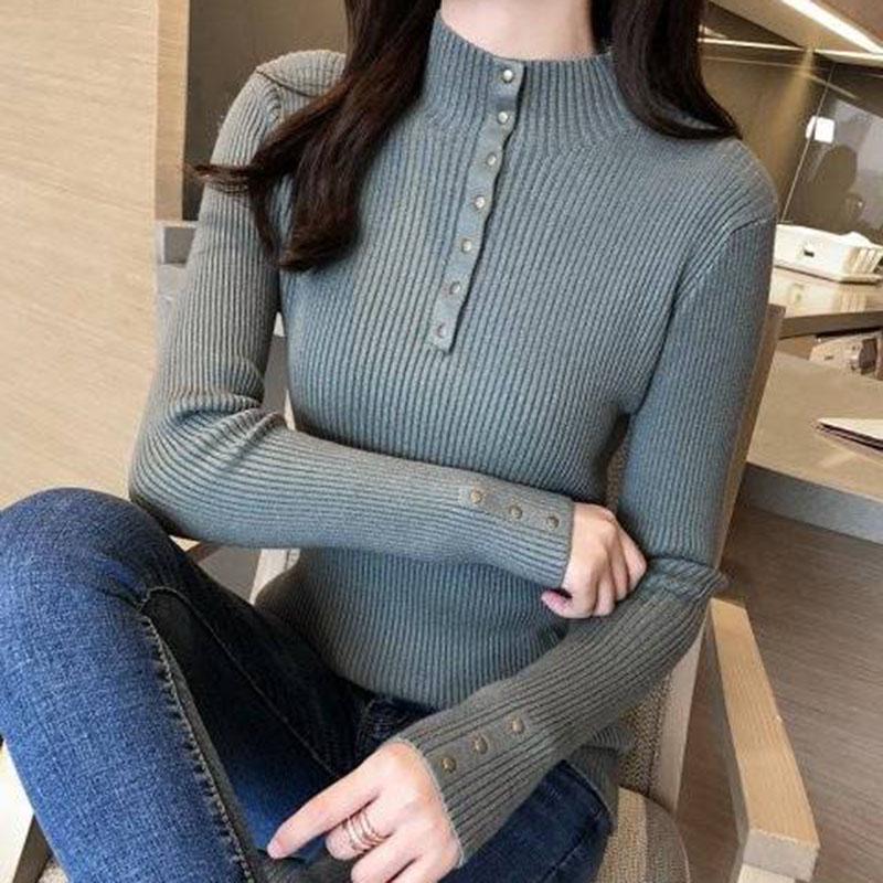 Women Knitted Pullover Sweater Long Sleeve half Turtleneck Sexy Slim Lady Button Casual Sweaters Top