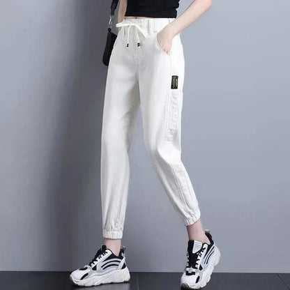 Women Spring and Autumn Large Size Streetwear Cropped Jeans Loose Solid Color High Waist Elastic Casual Jeans