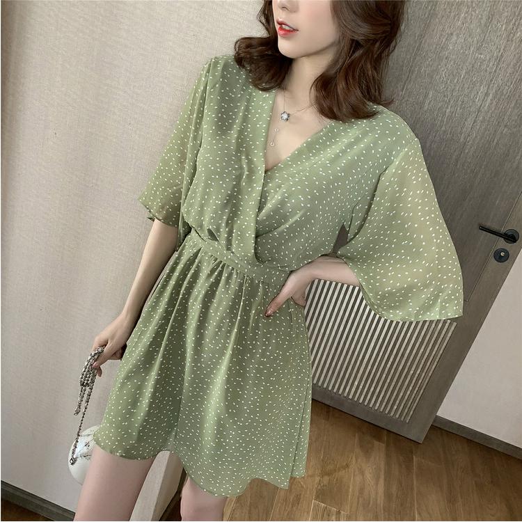 Women Summer Beach Chiffon Dress Polka Dot Dress Boho Mini Party Dress Elegant V Neck Sundress