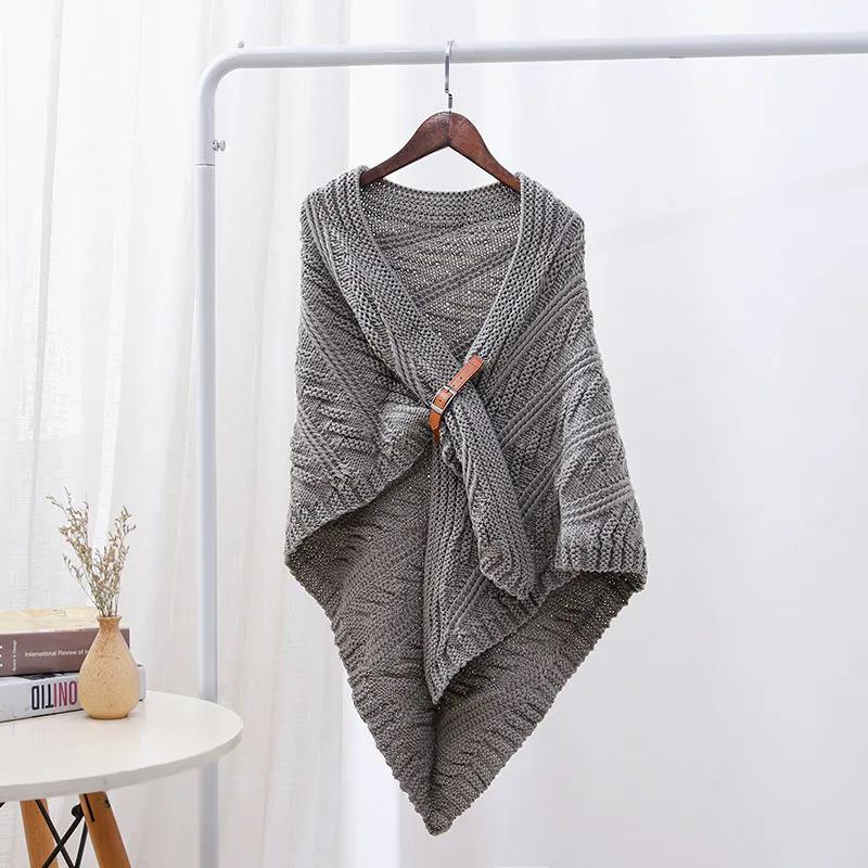 Women's Autumn Winter Knitted Leather Buckle Shawl Scarf Triangle Cloak Keep Warm All-match Solid Color Crochet Dual-use Shawl Scarf