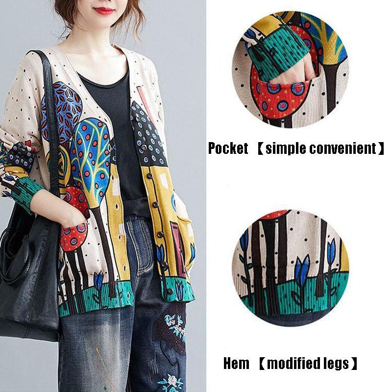 Vintage Art Plus Size V-neck Cardigan Coat Printed Long-sleeved Sweater Women Knitted Jacket with Pockets