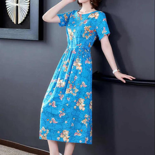 Ice Silk Elegant Printed Short-sleeved Dress Temperament Elasticated Waist Thinner Women's Floral Pattern Dress Light Fabric Comfortable and Soft