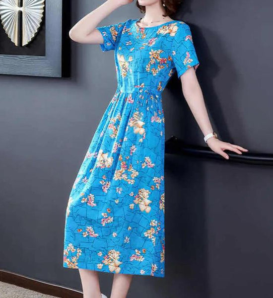 Ice Silk Elegant Printed Short-sleeved Dress Temperament Elasticated Waist Thinner Women's Floral Pattern Dress Light Fabric Comfortable and Soft