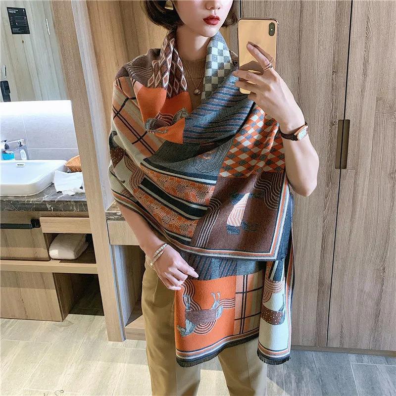 Winter Women's Cashmere Scarf Double-sided Printing Oversized Shawl Lengthened Thick Scarf Shawl