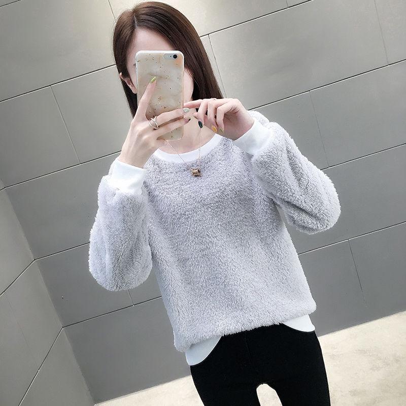 women's Winter Crew neck  yellow sweater warm long sleeve female velvet bottoming  loose Pullovers