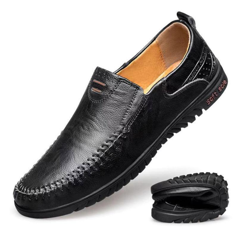 Men's Peas Shoes Slip-On Casual Comfort Soft Sole Driving Shoes Black Leather Flats