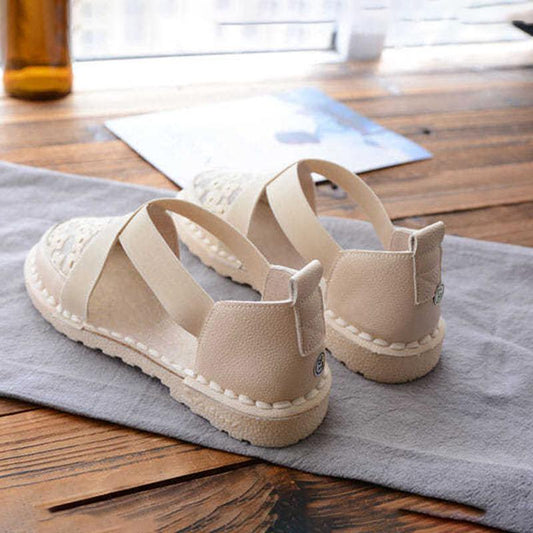 Ladies Casual Flat Loafers Ladies Knitted Embroidery Hollow Casual Sandals Flat Soft Leather Toe Cap Sandals Comfortable and Lightweight