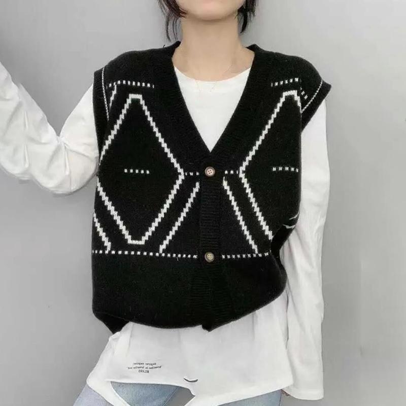 Black and White Diamond Grid Single-breasted Cardigan Vest Sleeveless Vest Women Sweater Knit Sweater British Style Vest Thin Sleeveless Sweater