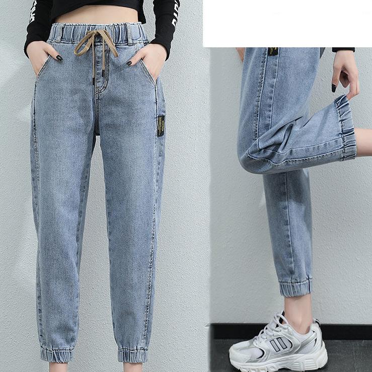 Women Spring and Autumn Large Size Streetwear Cropped Jeans Loose Solid Color High Waist Elastic Casual Jeans