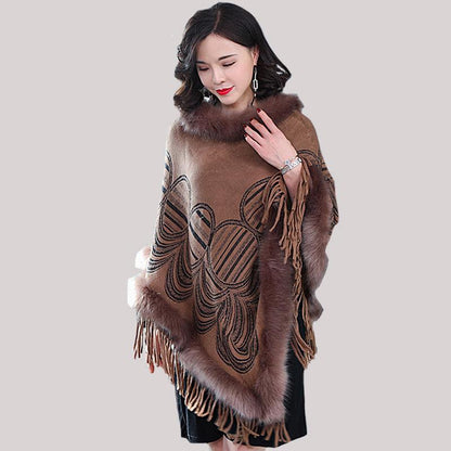 Autumn Winter Imitation Fox Fur Cloak Shawl Batwing coat Women's Faux Fur Coat Plus Size Tassel  Sweater Coat Mid-length