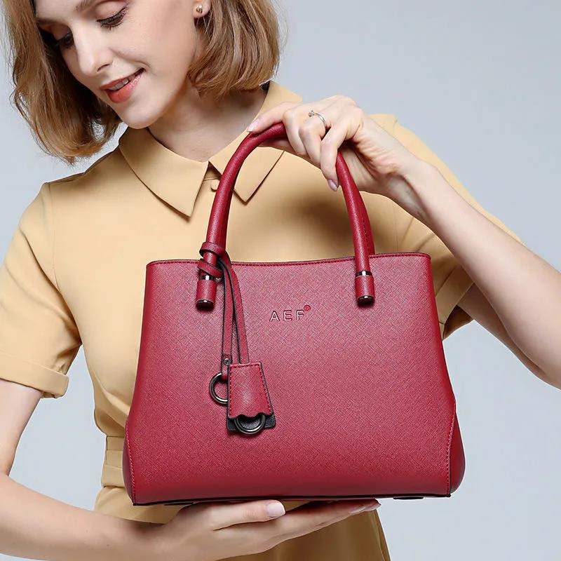 Pure Color Elegant Genuine Leather Luxury Top-Handle Bags Large Capacity Personality European Style Crossbody Bag Handbags Women tote bag